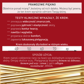 Janda Collagen Reconstructor krem na dzień: plansza reklamowa o redukcji zmarszczek i ujędrnianiu skóry.