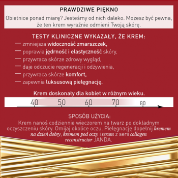 Czerwono-złota broszura Janda Collagen Reconstructor kremu na dobranoc z opisem działania i użycia.