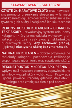 Janda Collagen Reconstructor: czerwony panel z opisem kremu pod oczy, złoto 24K i kolagenem.