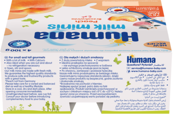 Spód i bok pudełka Humana Milk Minis, deserek jogurtowy brzoskwiniowy, biało-niebieskie opakowanie z tekstem.
