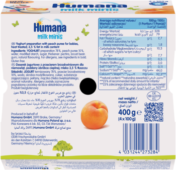 Tył opakowania Humana Milk Minis, deserek jogurtowy brzoskwiniowy, 400g. Widoczna tabela wartości i brzoskwinia.