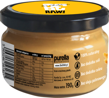 BeRaw krem orzechowy smooth, 100% z orzechów arachidowych, tył szklanego słoika z etykietą, bez cukru i soli.