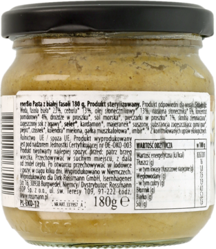 enerBiO Pasta z białej fasoli w szklanym słoiku, widok z tyłu z białą etykietą ze składem, dla wegan.