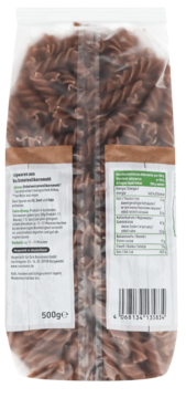 Tył opakowania ekologicznych brązowych świderków enerBio z mąki orkiszowej, etykiety Naturland i kod.