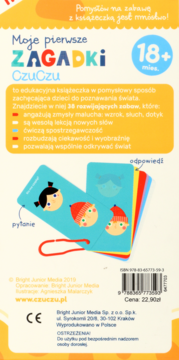 Tył opakowania Moje pierwsze zagadki CzuCzu, kolorowych edukacyjnych kart dla dzieci 18+ z opisem korzyści i ceną 22,90 zł.
