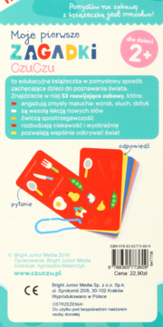 Tył opakowania Moje pierwsze ZAGADKI CzuCzu, edukacyjnych kart dla dzieci 2+, z opisem treści i kodem EAN.