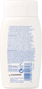 Biała butelka Ziaja Sopot Sun SPF 50, emulsja do opalania 125 ml, tył z kodem kreskowym i składem.