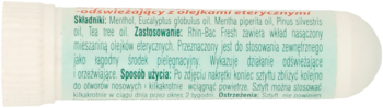 Etykieta sztyftu odświeżającego z olejkami eterycznymi, zielone tło, tekst ze składnikami i zastosowaniem.