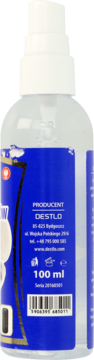Tył butelki płynu do okularów Clean Glass, 100 ml, z niebieską etykietą producenta Destlo i kodem EAN.