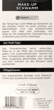 Tył opakowania gąbek do makijażu Rossmann, 2 szt., z czarnym nagłówkiem i instrukcjami użycia po niemiecku.