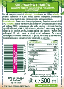 Tył zielonego kartonu soku Tymbark Vega Śródziemnomorski Ogród 500ml, z kodem kreskowym i składem.