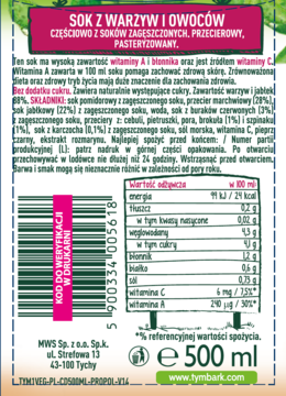 Tył soku Tymbark Vega 500ml, etykieta ze składem, wartościami odżywczymi, kodem kreskowym i różowym akcentem.