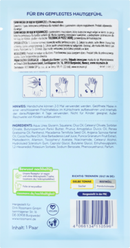 Tył niebieskiego opakowania maski do rąk w rękawiczkach Balea z instrukcjami użycia i listą składników.