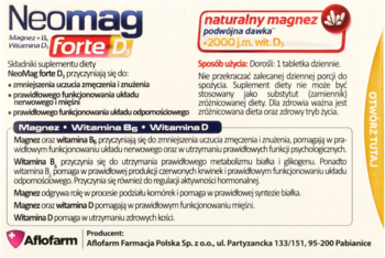 Tył opakowania NeoMag Forte D3, suplementu diety z magnezem, B6 i witaminą D3, na kremowym tle.