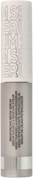 Wzmacniające serum do brwi w srebrnej butelce, widok z przodu, z powtarzającym się napisem SERUM na górze.