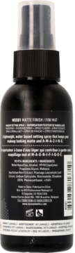 Czarny, matowy spray utrwalający NYX Professional Makeup. Widok z tyłu z widocznymi składnikami.