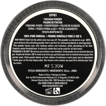 Tył okrągłego opakowania NYX Studio Finishing Powder SFP01, 100% mineralnego pudru.