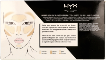 Tył opakowania palety NYX Highlight & Contour Pro z diagramem twarzy, tekstem i legendą kolorów.