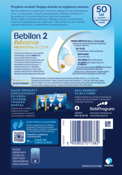 Tył opakowania Bebilon 2 Advance, mleko modyfikowane. Granatowe tło, opis składników, barcode, QR kod.