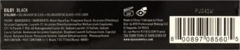 Tył czarnego opakowania eyelinera NYX Professional Makeup z białym tekstem, kodem kreskowym i symbolami.