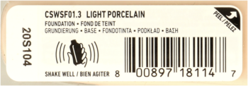 Tył etykiety podkładu NYX Can't Stop Won't Stop w odcieniu Light Porcelain, z kodem kreskowym i ikoną wstrząśnij.