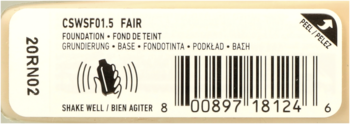 Bok beżowego opakowania matującego podkładu CSWSF01.5 Fair, z ikoną wstrząsania i kodem kreskowym.