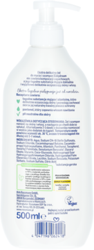 Tył białej butelki szamponu i żelu Babydream 500ml dla dzieci, z pompką, widocznym składem i logo Vegan.