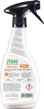 Tył butelki sprayu Zielko Melonowy płyn do łazienki, biała etykieta, opis i ostrzeżenia. 500ml.