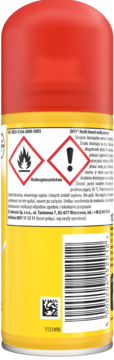 Tył żółtego sprayu OFF! Multi-insect Repellent z czerwonym korkiem, etykietami ostrzegawczymi i kodem kreskowym.