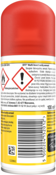 Tył aerozolu OFF! Multi-insect Repelent 100ml na komary i kleszcze, czerwono-żółta puszka z ostrzeżeniami.