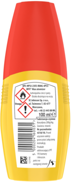 Tył żółto-czerwonego atomizera OFF! Max na insekty, z białą etykietą, kodem kreskowym i symbolami ostrzegawczymi.