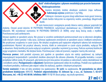 Niebieska etykieta Raid elektrofumigatora z białym tekstem, ostrzegawczymi piktogramami i opisem płynu owadobójczego.