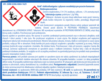 Biała etykieta Raid elektrofumigatora 27ml z płynem owadobójczym, z ostrzegawczymi symbolami i polskim opisem.