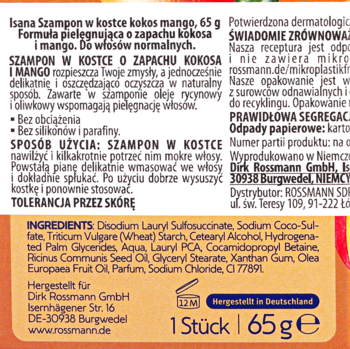 Tył opakowania szamponu Isana w kostce kokos mango 65g, z listą składników i danymi producenta.