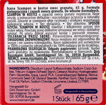 Tył czerwonego opakowania Isana Szampon w kostce owoc granatu 65g z listą składników dla włosów normalnych.
