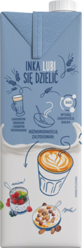 Inka soja, alternatywa mleka, karton z grafikami zastosowań, z przodu. Wysoka zawartość białka i spienialność.