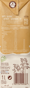 Tył 1L kartonu napoju owsianego bez cukru, z wapniem i witaminami, tabelą wartości odżywczych i logo Vegan.