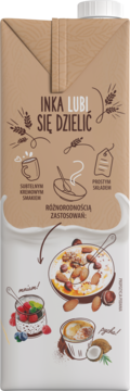 Brązowy karton Inka, roślinne mleko owsiane bez cukru, z wapniem i witaminami. Ilustracje potraw. Widok z przodu.