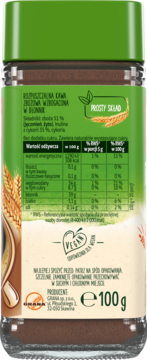 Tył rozpuszczalnej kawy zbożowej z inuliną i prostym składem. Zielona nakrętka, tabela odżywcza, logo Vegan, 100g.