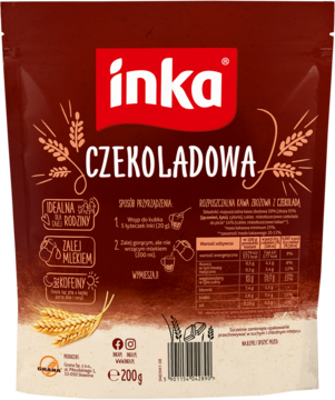 Inka Czekoladowa: front brązowej saszetki rozpuszczalnej kawy zbożowej z czekoladą, czerwone logo, kłosy zbóż.