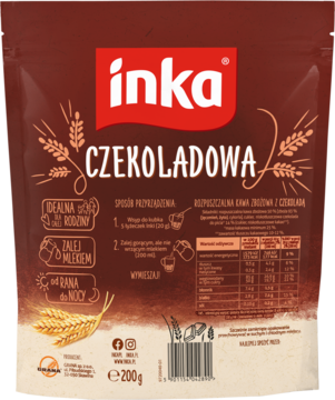 Front torebki Inka Czekoladowa, rozpuszczalna kawa zbożowa z czekoladą, brązowa z białym dołem, kłosy zbóż.