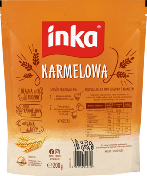 Inka Karmelowa rozpuszczalna kawa zbożowa z karmelem, pomarańczowa torebka, widok z przodu.