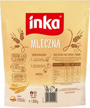 Inka Mleczna, beżowa saszetka napoju zbożowego z mlekiem, bezkofeinowa, z grafiką zbóż, widok z przodu.