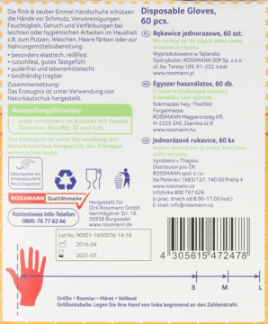 Tył opakowania jednorazowych rękawic Rossmann, 60 szt., z tekstami, kodem kreskowym i ilustracją dłoni.