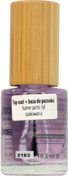 Fioletowy top coat i baza do paznokci w szklanej butelce z drewnianą nakrętką, widok z przodu.