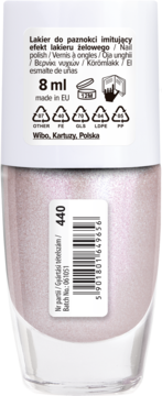 Tył butelki lakieru do paznokci Wibo Gloss Like Gel 440, jasnoróżowy z połyskiem, widoczne etykiety i kod kreskowy.