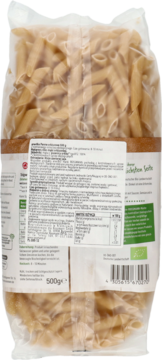 Tył opakowania makaronu penne enerBiO z bio-mąki orkiszowej 500g, z widocznymi etykietami i kodem kreskowym.