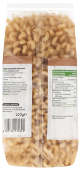 Tył przezroczystej torebki makaronu enerBio Dinkel Locken orkiszowe. Wewnątrz widać beżowe loki. Etykiety zawierają dane odżywcze i masę 500g.
