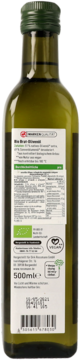 Tył zielonej butelki oliwy z oliwek BIO do smażenia 500ml, z etykietą szczegółową, certyfikatem BIO i wegańskim.