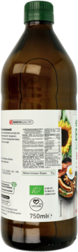 Tył brązowej butelki Oleju słonecznikowego enerBiO 750ml, z białą etykietą, tekstem, logo BIO i VEGAN.